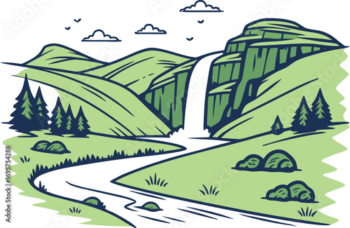 Beautiful Mountain Landscape Nature Illustration. Scenic Mountain Landscape Travel Artwork. Modern Mountain Landscape Decorative Design. Mountain Landscape Adventure Illustration Art