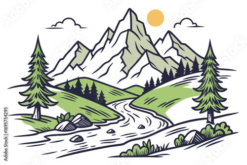 Beautiful Mountain Landscape Nature Illustration. Scenic Mountain Landscape Travel Artwork. Modern Mountain Landscape Decorative Design. Mountain Landscape Adventure Illustration Art