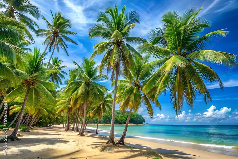 Fototapeta premium Beach with palm trees and a blue ocean