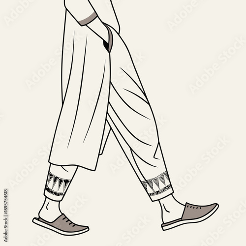Illustration of a person wearing shalwar kameez and casual slipon shoes