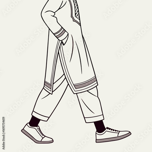 Illustration of a person wearing shalwar kameez and casual sneakers