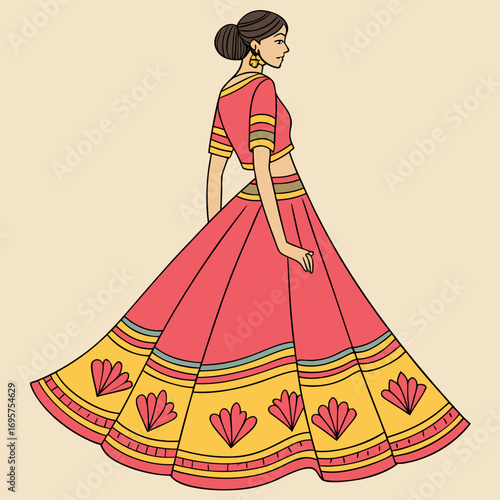 Illustration of a woman in a traditional indian dress with a beige background