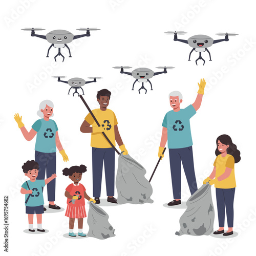 Community Cleanup with Eco-Drones Vector Illustration: Future of Sustainable Environmental Stewardship