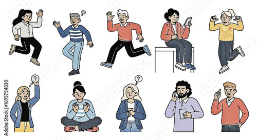 Diverse group of people expressing various emotions and engaged in different activities, showcasing human behavior and connection in a stylized illustration