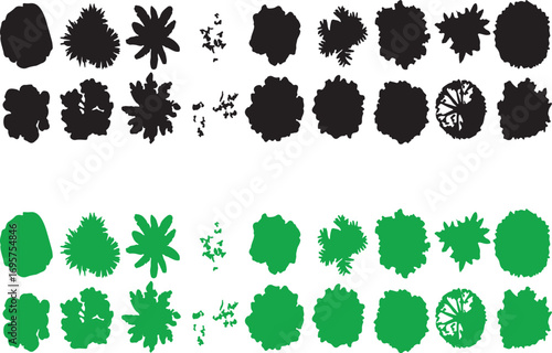 tree, top view, silhouette, green, outline, illustration, drawing, aerial view, foliage, plant, nature, organic, shape, set, collection, graphic, design element, isolated, white background, arboreal, 
