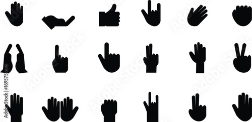 Hand Variation Icon set , Featuring Different Hand Gestures displayed, Palm, Fingers, Signs, Symbols, Communication, Support, Care, monochrome and Human Interaction in Modern Vector Style elements