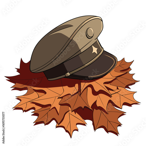 Brown military hat rests gently atop a bed of golden autumn leaves on white