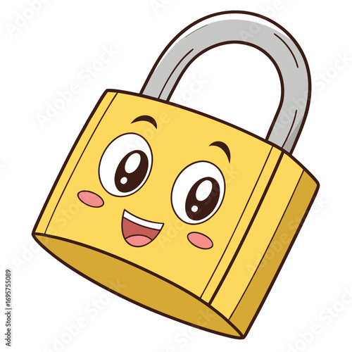Charming yellow padlock cartoon smiles with silver latch and rosy cheeks against a white background