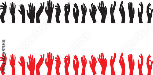 hands, raised hands, silhouette, black, red, group, crowd, reaching, up, open hands, gesture, symbol, unity, protest, celebration, help, support, arms, human, people, collection, set, isolated, white 