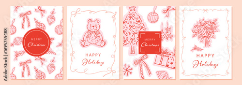 Christmas card set with cute hand-painted line art illustrations. Vector files included. Minimalist line art clipart perfect for cards, backgrounds, and posters.