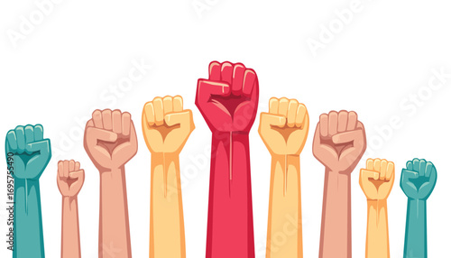 Diverse raised fists in solidarity and protest unity diversity