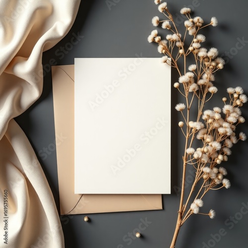 A blank white card surrounded by pussy willow branches on a white surface casting soft shadows around it invitation card mockup