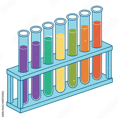 Various colored liquids fill glass test tubes residing inside a light blue rack