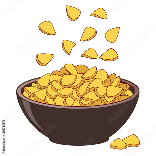 Shiny yellow corn flakes cascade into a dark bowl on a white background