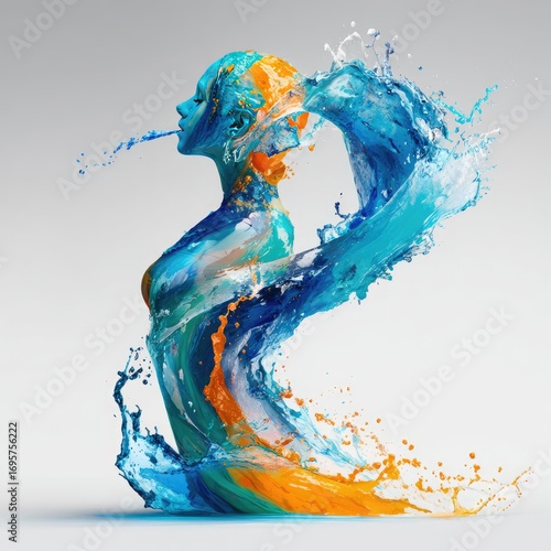 Abstract female form, painted with vibrant blue and orange liquid paint splashes