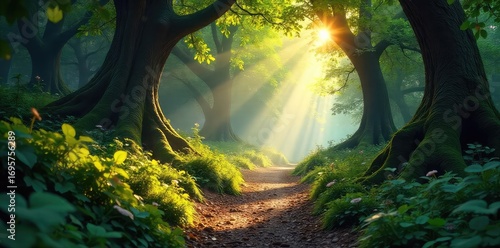 Mysterious, sun-dappled path winds through an ancient enchanted forest, sunlight filtering through leaves onto mossy stones and luminous flora , deep woods, fauna