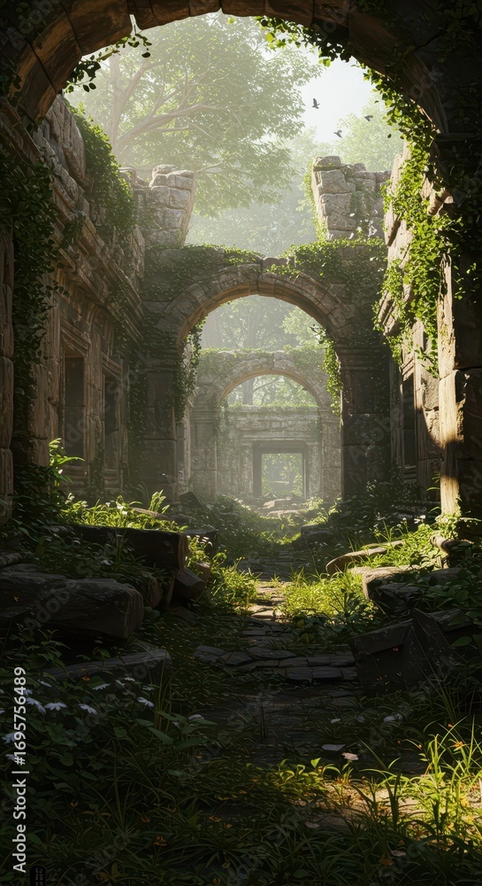 Naklejka premium Sun-drenched pathway through overgrown, ancient ruins, showcasing lush greenery and arched stonework.