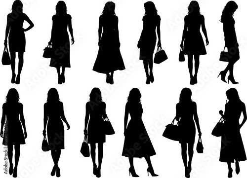 Silhouettes of women in fashionable dresses poses holding handbags diverse styles collection