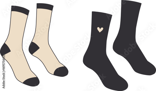 a pair of beige socks next to black ones with heart