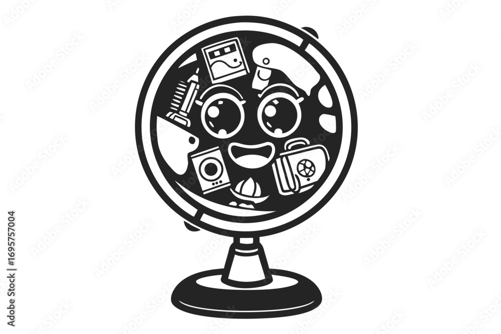 Obraz premium Smiling Globe Character With Travel Items Icon on White Background