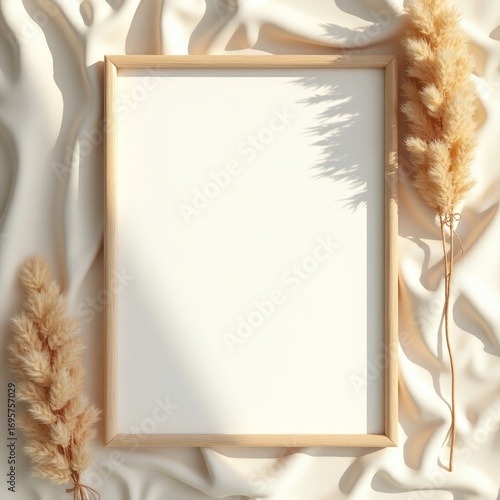 Blank white card surrounded by pussy willow branches on a marble surface creating a soft aesthetic