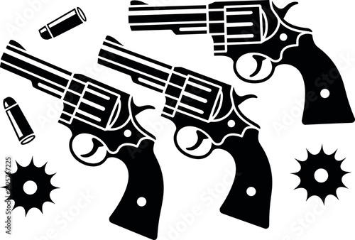 Silhouettes of vintage revolvers and ammunition for a dramatic and classic firearm aesthetic
