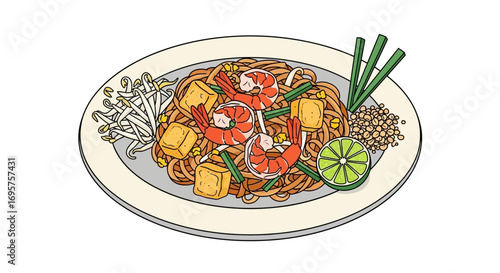 Delicious Pad Thai noodles with shrimp, tofu, and bean sprouts, a vibrant and flavorful Asian street food dish, perfect for a quick and satisfying meal, presented on a plate