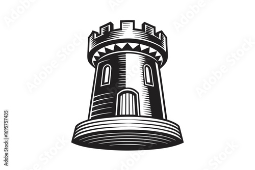 Stronghold Tower with Detailed Battlements on White Background Isolated