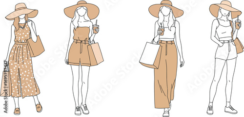 four women wearing hats and stylish outfits for summer