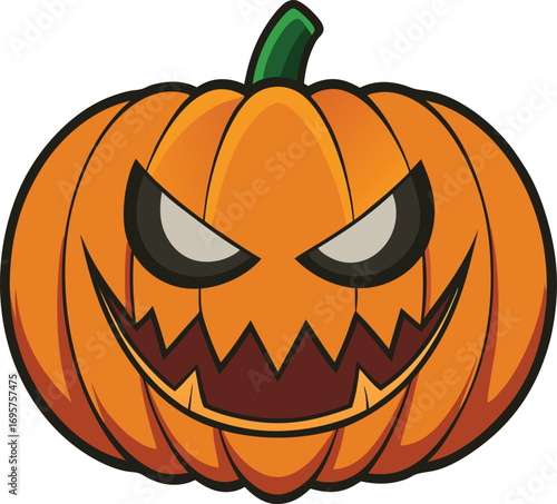 A carved pumpkin with exaggerated sharp teeth and wide eerie eyes, horror style, smooth curves, balanced geometry, no gradients, isolated on transparent background.”