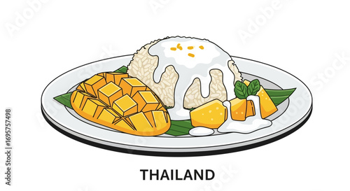 A delicious Thai dessert featuring sweet sticky rice and ripe mango, garnished with coconut milk and mint leaves, presented on a white plate, evoking the vibrant flavors of Thailand