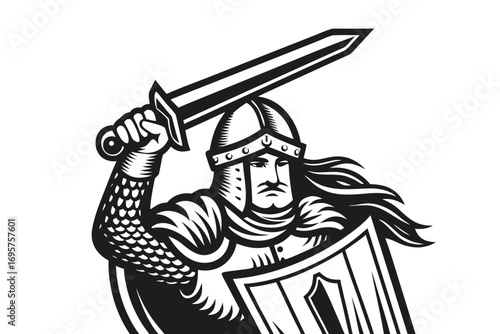 Strong Warrior with Sword and Shield on White Background
