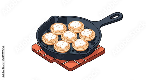 Delicious golden-brown baked biscuits presented in a cast iron pan on a rustic wooden trivet, showcasing a comforting and homemade culinary treat, perfect for breakfast or a cozy snack