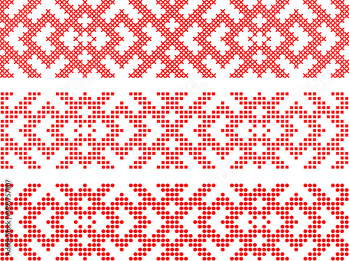 Traditional Ukrainian embroidery pattern, ethnic cross-stitch ornament, red and black geometric folk design, vector seamless border