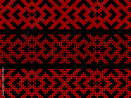 Traditional Ukrainian embroidery pattern, ethnic cross-stitch ornament, red and black geometric folk design, vector seamless border
