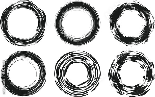 grunge round brush strokes vector set, hand drawn distressed ink circles, artistic black paint splashes and frames, abstract zen enso design elements