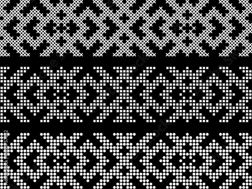 Traditional Ukrainian embroidery pattern, ethnic cross-stitch ornament, white and black geometric folk design, vector seamless border