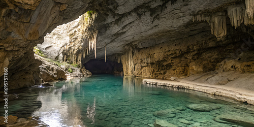 Hidden Sea Grotto with Transparent Aquamarine Water and Limestone Walls with Underground Lake