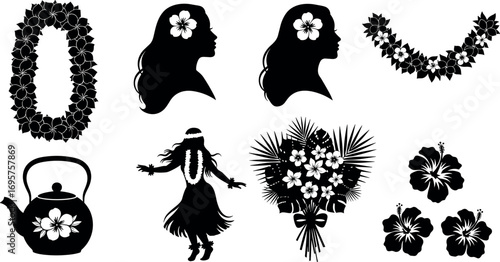 Hawaiian tropical elements silhouette collection tropical flowers teapot hula dancer lei and garland