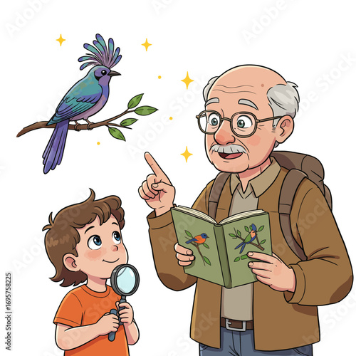 Inspiring Intergenerational Nature Exploration: Grandfather Mentoring Child in Birdwatching Discovery Illustration Vector