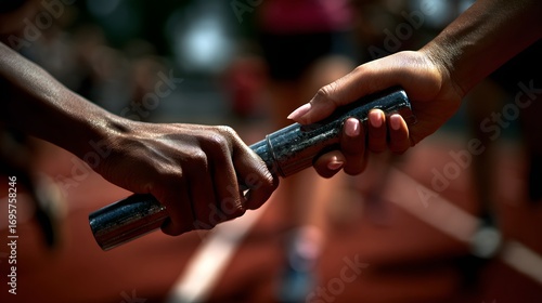 Athletes passing relay baton on running track during race, perfect for sports article, motivational poster