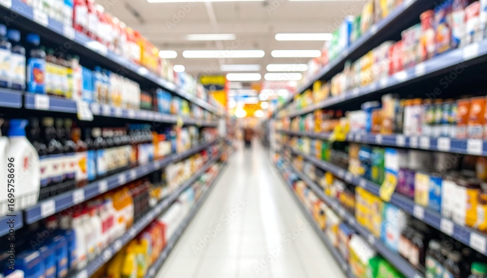 Fototapeta premium A wide-angle view of a supermarket aisle filled with various products neatly displayed on shelves. Bright lighting enhances the colorful packaging of food, beverages, and household items.