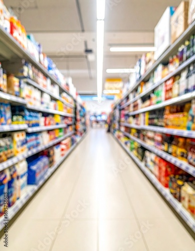 A wide-angle view of a supermarket aisle filled with various products neatly displayed on shelves. Bright lighting enhances the colorful packaging of food, beverages, and household items.
