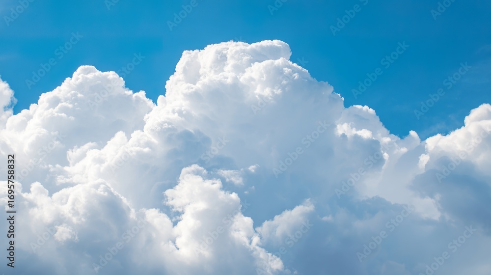 Naklejka premium Beautiful Pure White Clouds on Bright Blue Sky: Fluffy White Clouds Against Vibrant Blue Sky, Serene Sky Scene with Soft Clouds—Idyllic Weather for Nature Views