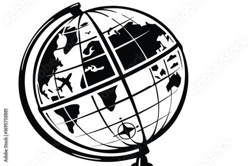 Stylized Globe with World Map Continents in Black and White On White Background