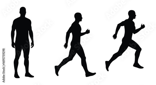 three men in various running poses silhouette