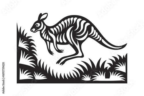 Stylized Leaping Kangaroo Silhouette with Grass on White Background