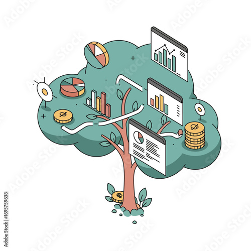 Digital Financial Growth Vector Illustration: Nurturing Investments and Business Success with Data Analytics