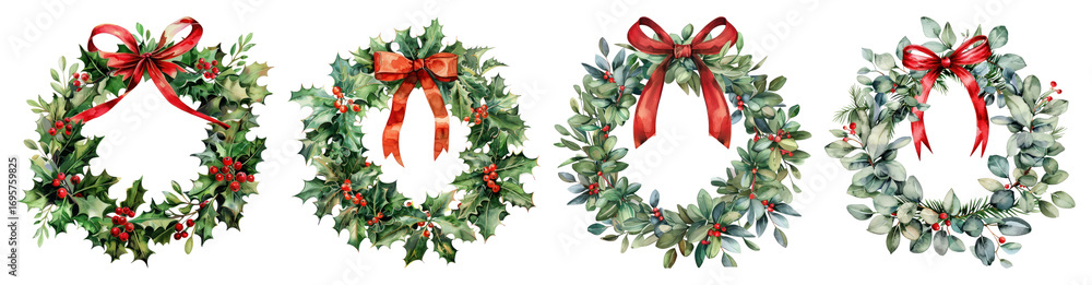 Naklejka premium PNG Festive wreaths with red bows, element set on transparent background