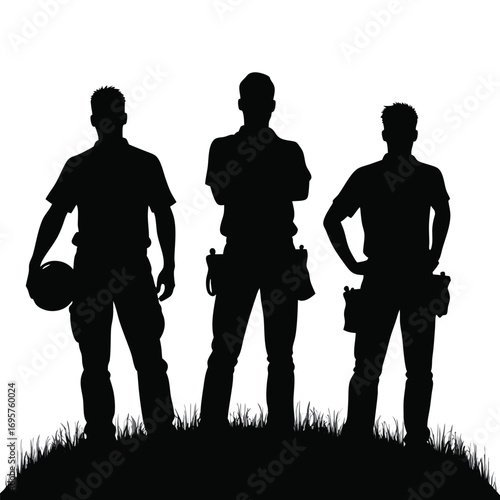 Three construction workers in silhouette one holding hard hat